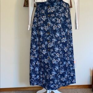 LOFT Navy Floral light weight denim Midi Skirt